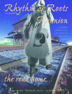 Poster from an early Bristol Rhythm & Roots Reunion festival. The illustration shows the Bristol Train Station in the background with a musician with a guitar on their back walking down the tracks.