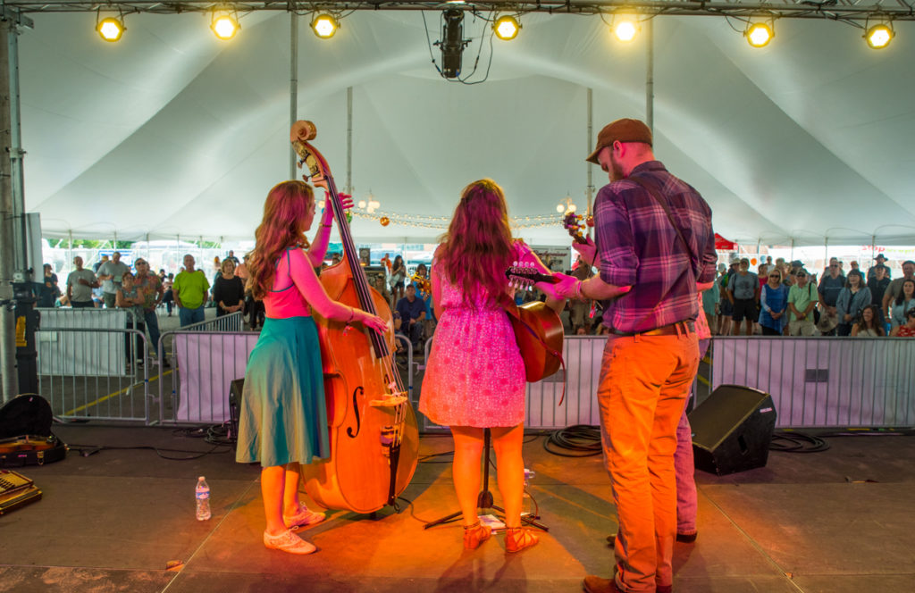 Empty Bottle String Band on stage seen from behind with the audience in front of them.