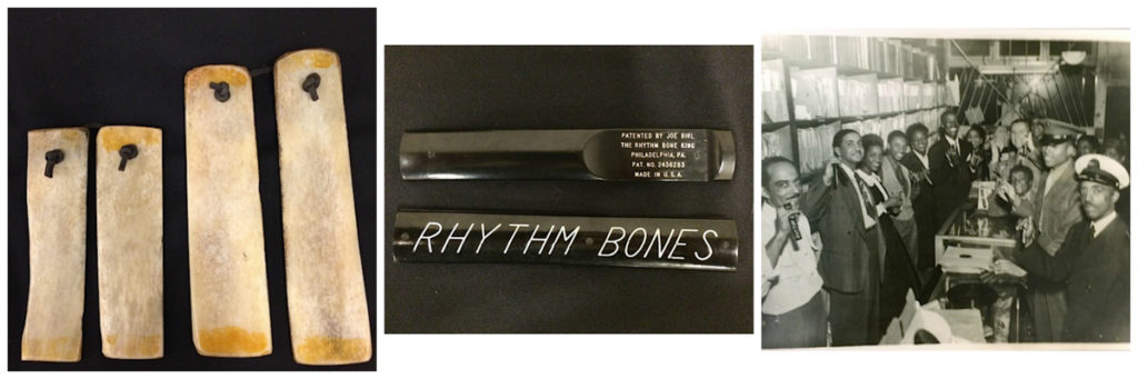 Left: Two sets of historic bones; center, a set of manufactured bones; right, a photograph of a group of customers in a record shop holding manufactured bones.