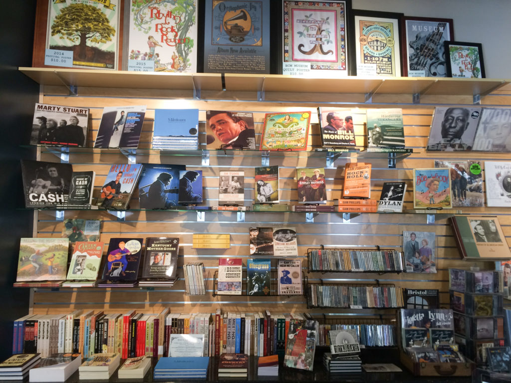 Display of books, CDs, and other media in the Birthplace of Country Music Museum store