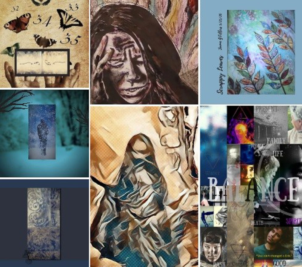 The artists collage consists of 7 different sections ranging from butterflies, a portrait, leaves, abstract designs, and different words and fonts.