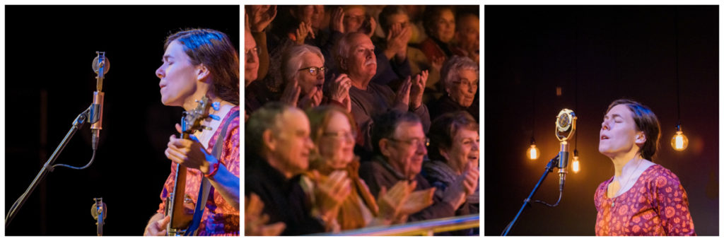 Left pic: Elizabeth LaPrelle singing with guitar in front of the mic; center pic: A close-up shot of the audience clapping; right pic: Elizabeth singing a capella, eyes closed, in front of the mic.