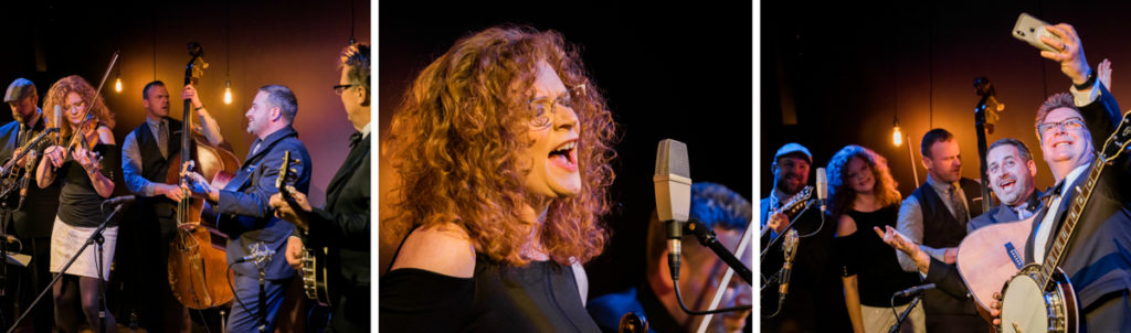 Left: The full Becky Buller band, including mandolin, bass, guitar, and banjo players and Becky Buller on the fiddle. Center: A close up of Becky Buller singing into the mic. Right: The Becky Buller band taking a selfie on stage.