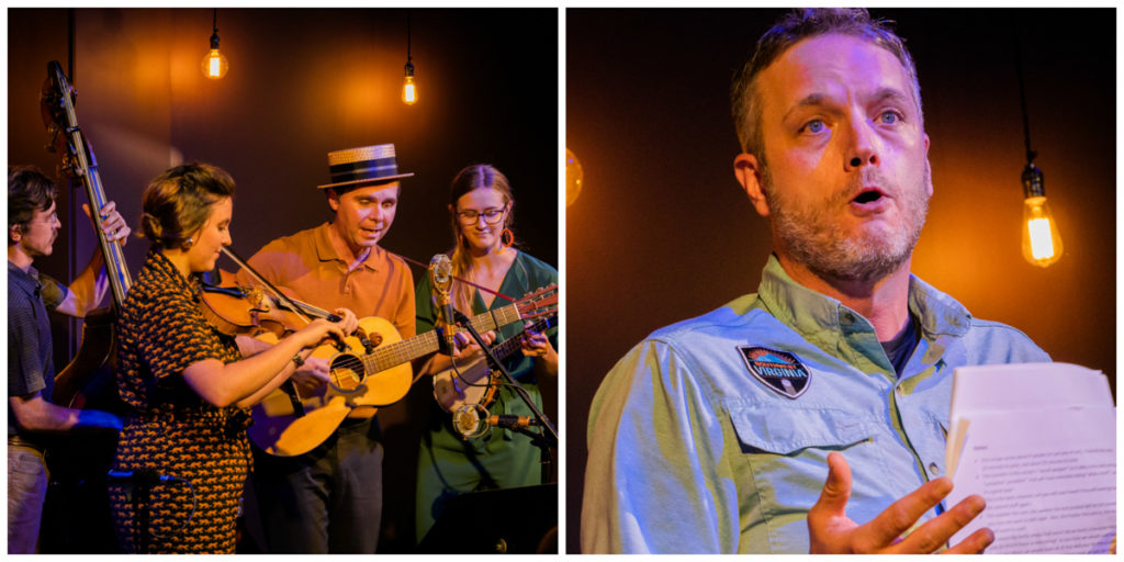 Left: Bill and the Belles -- Andrew Small on bass, Kalie Yeagle on fiddle, Kris Truelsen on guitar, and Helena Hunt on banjo -- gather round the mic. Right: Charlie Parker telling the story of his family's cream corn recipe with the audience.