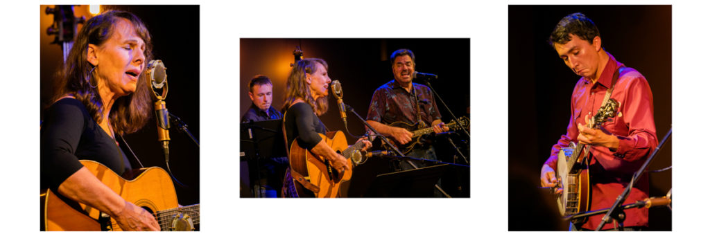 Left: Close up of Irene Kelley singing with her eyes closed and playing the guitar at the mic. Center: Irene Kelley with the bass player in the background and the mandolin player to her side. Right: Irene Kelley's banjo player in a red shirt.
