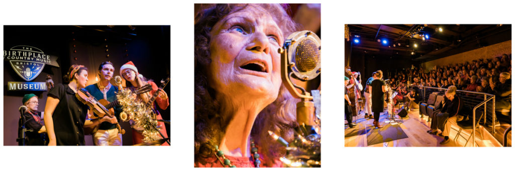 Left: The full band of Bill and the Belles sing on the Farm and Fun Time stage, with a small vintage Christmas tree front and center with the mic. Center: A close up of Louise Bouton singing. Right: Bill and the Belles in front of the full Performance Theater.