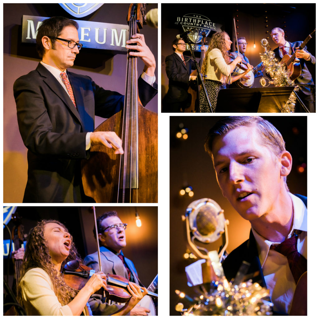 Top left: A close up of the bass player. Top right: The full High Fidelity band.
Bottom left: A close up of the fiddle and banjo players.
Bottom right: A close up of the High Fidelity guitarist.