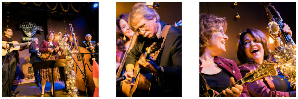 Left: The full McLain Family Band. Center: A close up of the McLain guitar player. Right: A close up of the McLain mandolin and bass players.