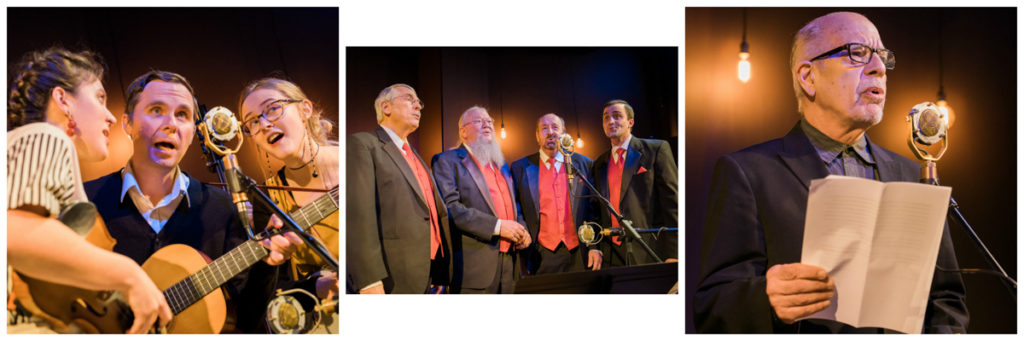 Bill and the two Belles gather around one mic to sing; the Appalachian Express quartet, all wearing red vests, sing together; and Buck Ford reads his story of family recipes.