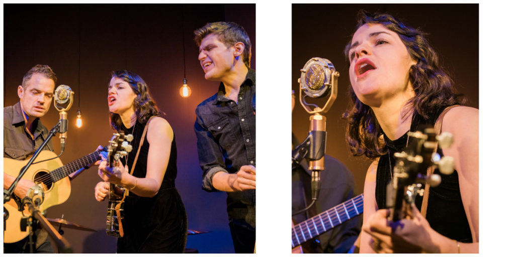Left pic: Baiman, flanked by the guitarist and bassist, sings into the mic; right pic: A close up of Baiman at the mic.