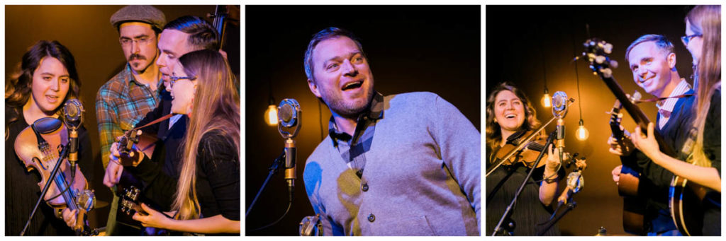 Three photos:
Left: All four members of Bill and the Belles singing at the mic together.
Center: Storyteller Tony Marr telling his funny stories.
Right: Three members of Bill and the Belles at the mic -- fiddler Kalia, guitarist Kris, and banjoist Helena.
