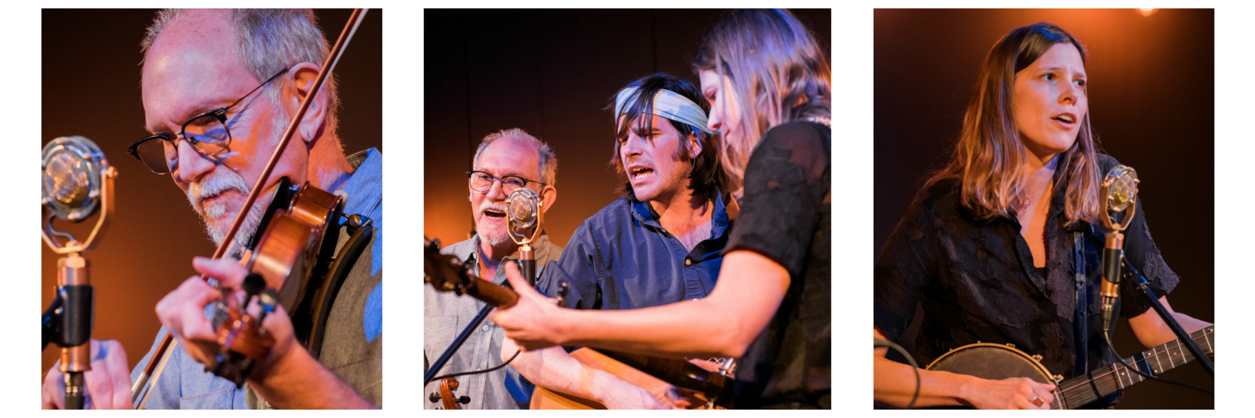 Left pic: A close-up of the fiddler; center pic: The three band members gather together at the mic; right pic: a close up of the banjo player.