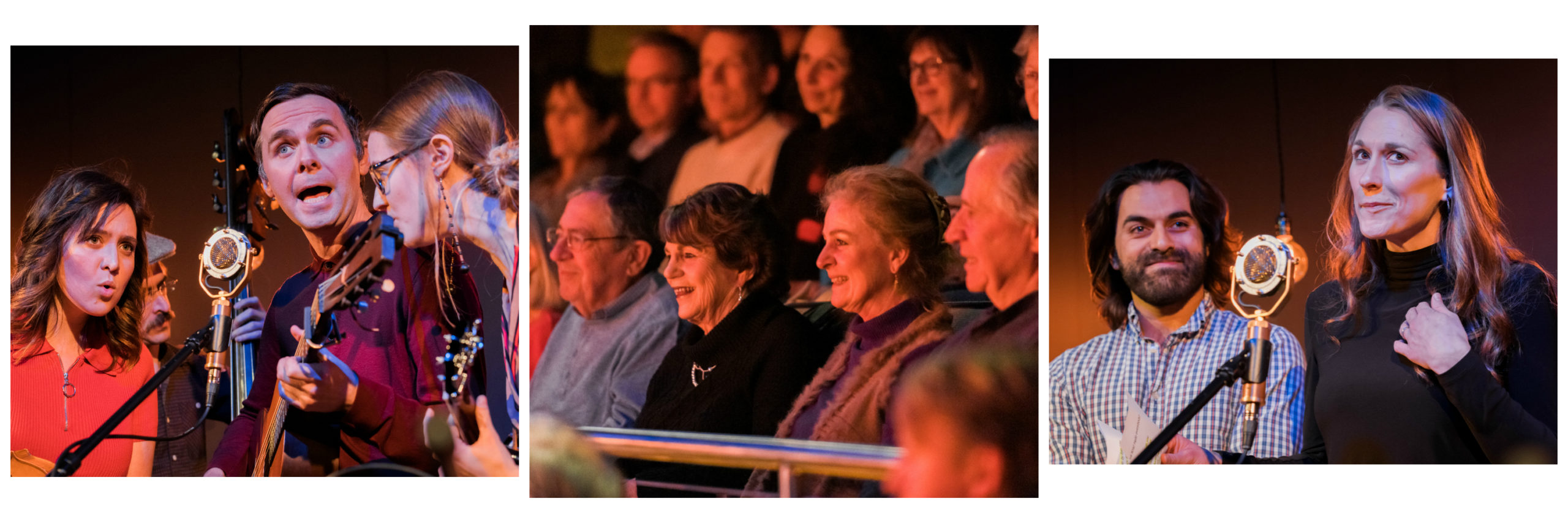 Left pic: Bill on guitar and the two Belles, on fiddle and banjo, gather round the mic with the bass player in the background; center pic: a detail of the audience with delighted faces; right pic: the Pakalachian owners stand at the mic as they talk about their food truck.