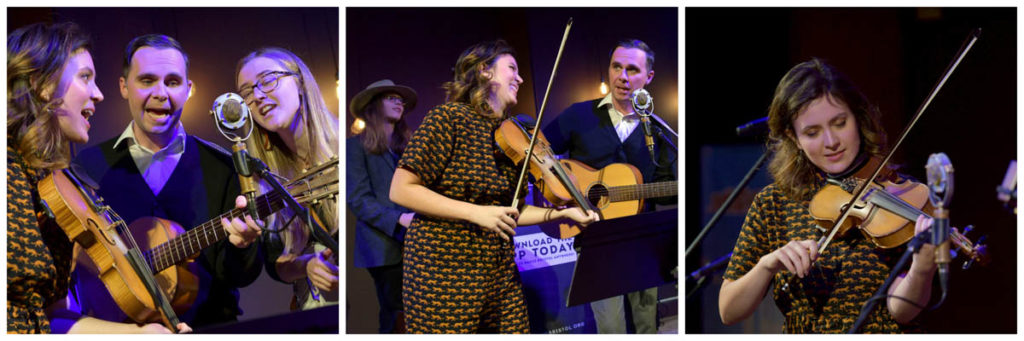 Three pics of Bill and the Belles: two pics of them singing together in a group and one detail shot of Kalia, the fiddle player.