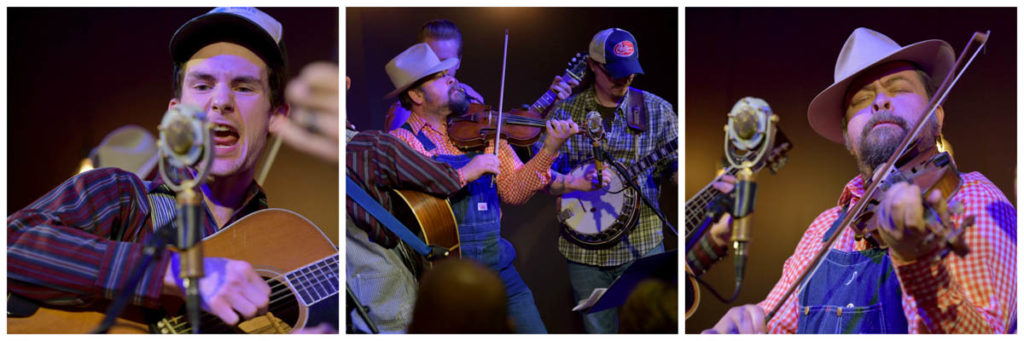 Three pics of Five Mile Mountain Road, including close-up shots of the guitar and fiddle players.