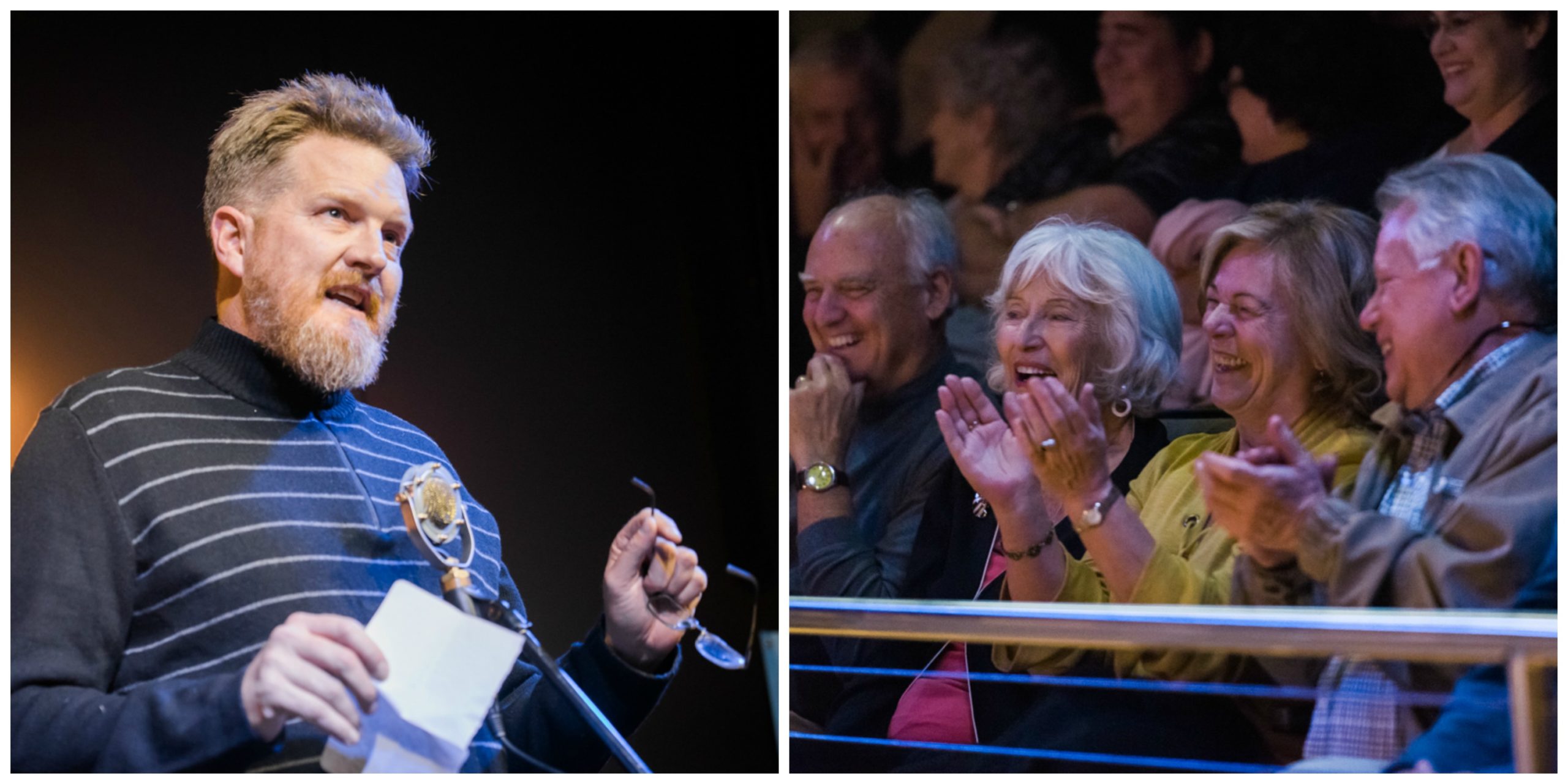 Robert Gipe shares stories of food and family with a laughing audience at November's Farm and Fun Time show.