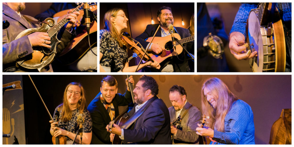 Top left: Close up photo of the mandolin player's hands on his mandolin. Middle left: The female fiddle player and the guitar player playing at the mic together. Top right: Close up photo of the banjo player's hands on the banjo. Bottom: Photograph of full band, including musicians playing the fiddle , the bass, the guitar, the mandolin, and the banjo.