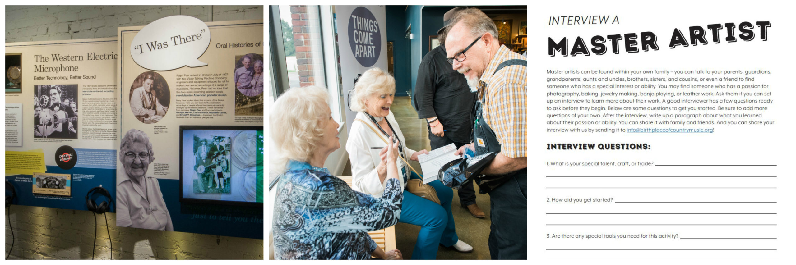 Left: Focus in one "I Was There" panel shows the quote "I Was There" in a speech bubble at the top, three photographs interspersed with text, and a TV screen with the oral history video running.
Center: Two blondish/white-haired women sit on a bench laughing and talking with an man with glasses, short white beard, and overalls.
Right: The activity sheet has the title "Interview a Master Artist" at the top, with descriptive text and a list of interview questions below the title.