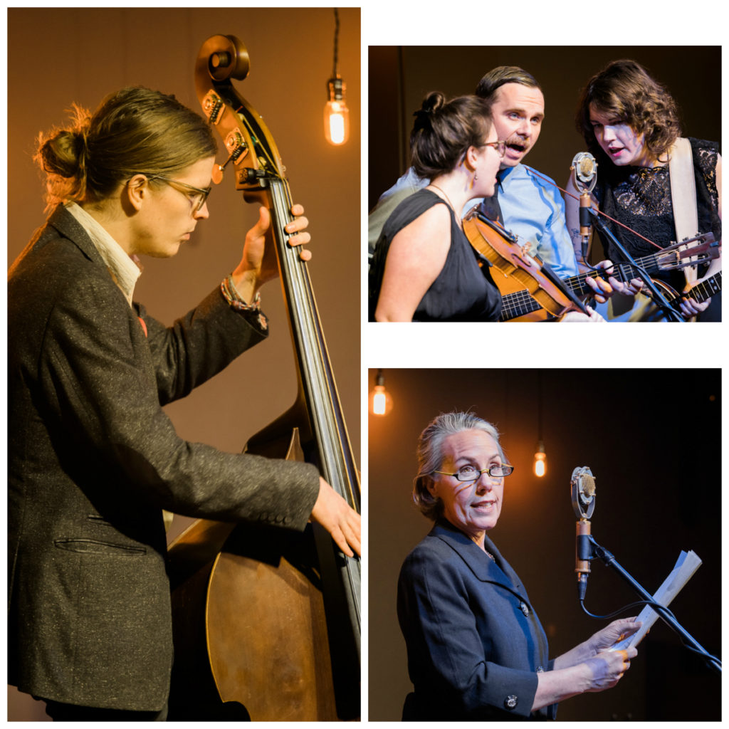 Three photos -- one of Carl, Bill and the Belles bass player; one of Bill and the two Belles singing and playing; and one of Amy Campbell at the mic during her "Heirloom Recipe"