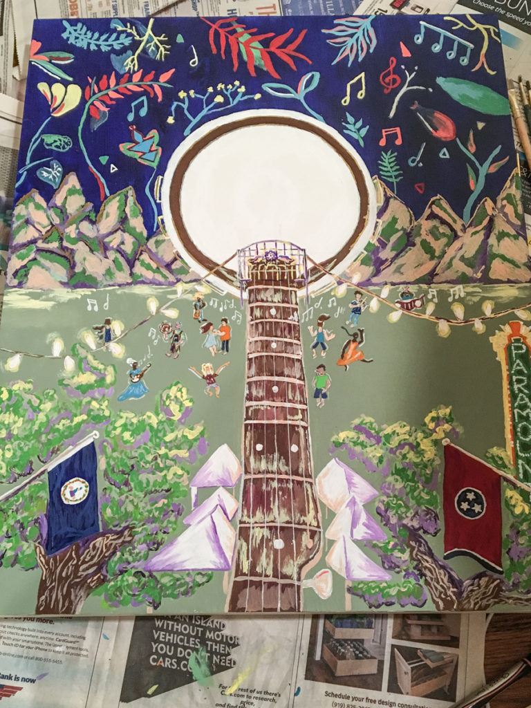 The early version of the festival poster had a large "moon" banjo, state flags, mountains, dancers, the Paramount marquee and the Bristol sign all within the design.