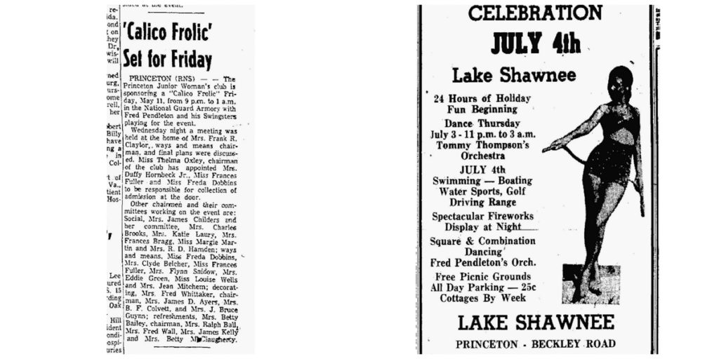 Two newspaper articles / ads -- the one to the left is just text, while the one on the right includes the image of a woman in a bathing suit.