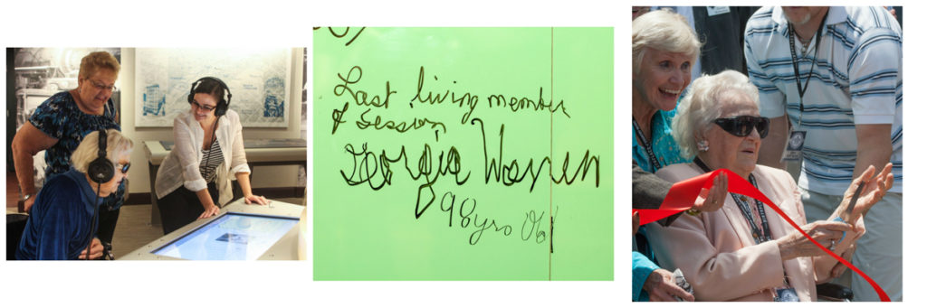 Left pic: Georgia Warren at museum interactive wearing headphones with daughter Nancy and museum director Jessica Turner; center pic: Georgia Warren's signing of Green Board, reading: Last living member of Sessions, Georgia Warren, 98 yrs old; right pic: Georgia Warren cutting Grand Opening ribbon in front of museum with Roni Stoneman behind her.