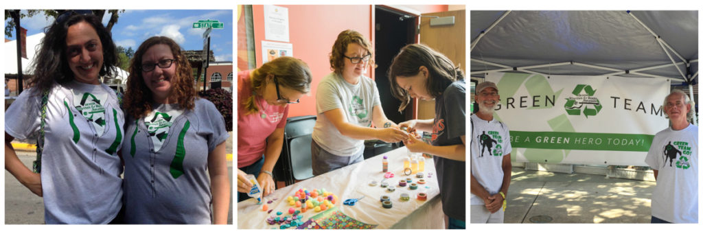 Left and right: Green Team volunteers at festivals past posing with their unique volunteer t-shirts. Center: Green Team committee members helping a young girl make a craft out of small plastic bottles.