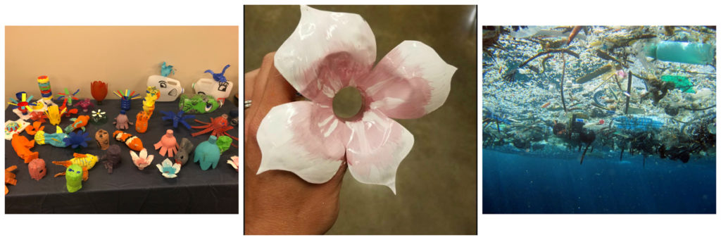 The left and center photographs show some of the craft reused materials for Plastic Island, including fish, octupi, whales, plants, and more made out of plastic bottles and containers. The right image is of floating marine debris made of trash, plastics, fishing nets, and other items.