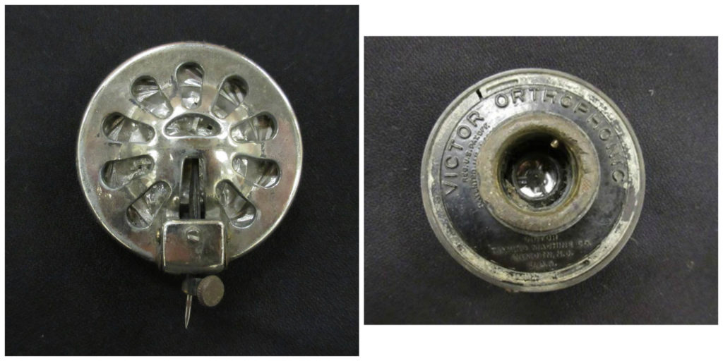 Two sides of an Orthophonic reproducer -- one looks like the front of an old-time microphone, while the other bears the name Victor Ortophonic. Both sides are made of silver metal.