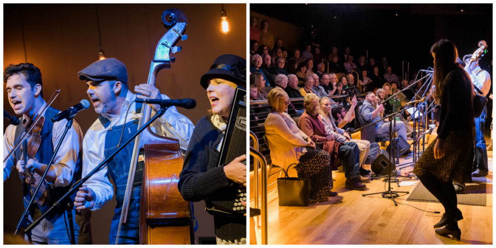 Left-hand photo shows a close up of the Uncle Shuffelo band members; right-hand photo shows one of the band members dancing on stage.