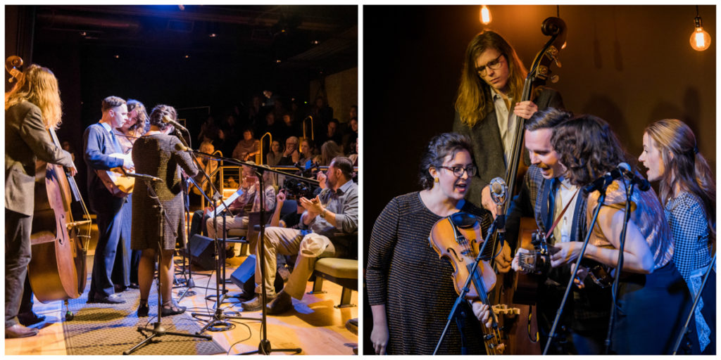 Left-hand photo shows Bill and the Belles playing to a large audience in the museum's Performance Theater; the right-hand photo shows Bill and the Belles singing their "Heirloom Recipe" jingle with Stephanie Jeter
