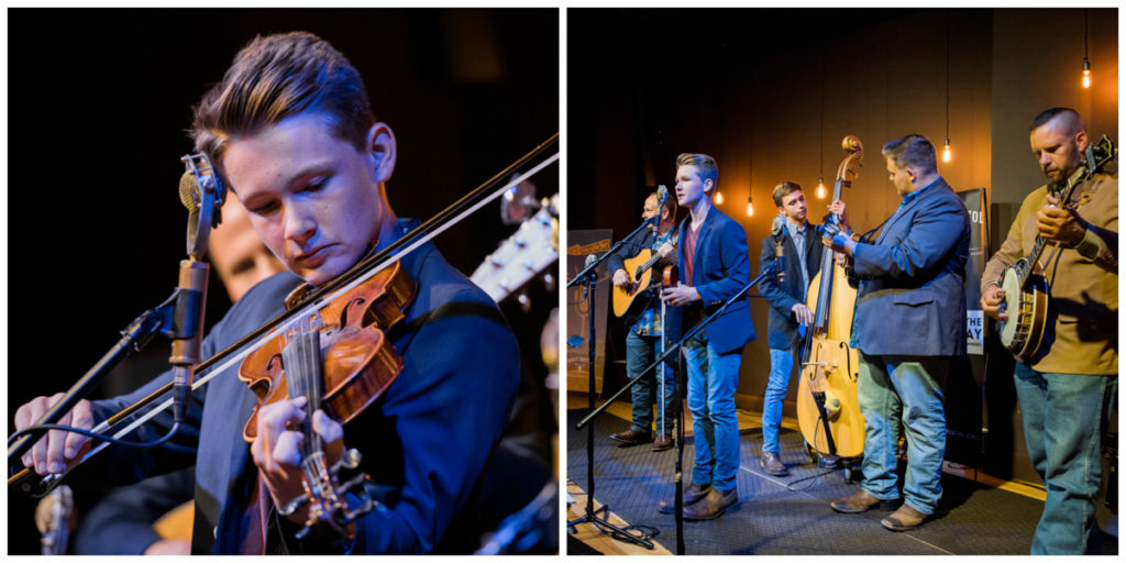 Two images: left-hand detail of Carson Peters fiddling, and right-hand image of the full band behind him as he sings.