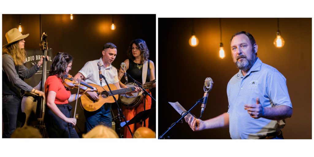 Left-hand picture shows the four members of Bill and the Belles -- Carl on bass, Kalia on fiddle, Kris on guitar, and Grace on banjo; the right-hand picture shows Ken Monyak at the microphone telling his beer story.