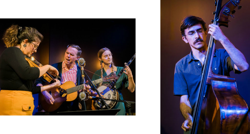 Left: Kalia on fiddle, Kris on guitar, and Helena on banjo sing and play around the Farm and Fun Time mic. Right: Andrew on bass.