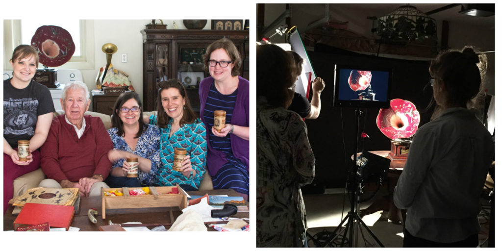 Left: Bob Bledsoe sitting on a couch with four members of the BCM team, each holding a wax cylinder. Several phonographs can be seen in the background. Right: A phonograph with a red morning glory horn is central in the picture with film crew around it working lights and image.