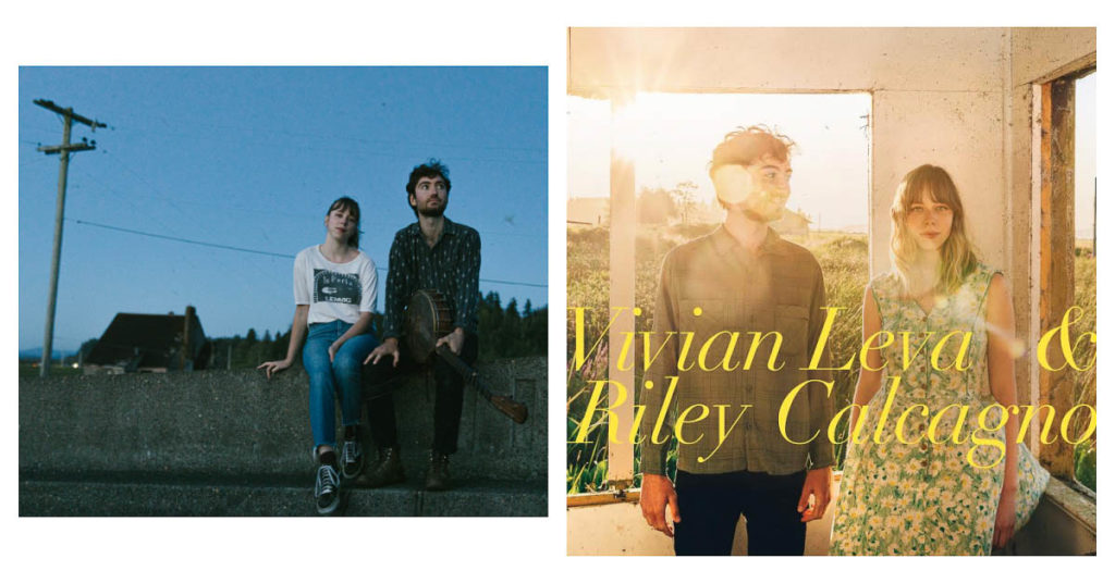 Left image: A young woman and man sitting on a concrete wall. The woman is white with her brunette hair pulled back in a ponytail; she wears a white t-shirt, jeans and sneakers. The man is white with dark hair and a beard; he wears a patterned button-down shirt, black pants, and holds a banjo. You can see a house, trees, and a telephone behind them. Right: The album cover shows a white man in an untucked grey button-down shirt and dark pants, looking towards a white woman with shoulder-length brunette-blondish hair and wearing a floral dress. They are inside what looks like an old, run down house and you can see fields outside the windows; the sun is shining through so that you see sun glare in the camera. Their names -- Vivian Leva and Riley Calgano -- are written in script acoss the photograph.