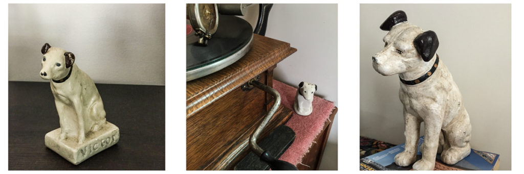 Three images of small Nipper statuettes, including one beside a Victor gramophone.