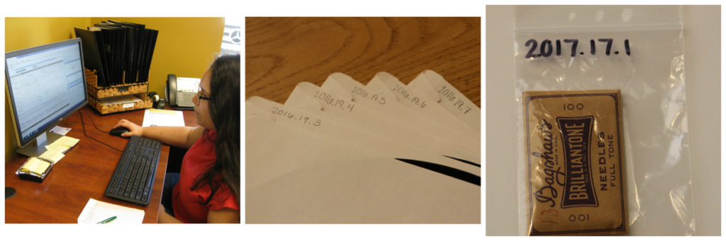 Three photos: An intern entering info into a computer database; several file folder with their accessions numbers written on them in pencil; a small bag holding phonograph needles and labeled with its accession number.