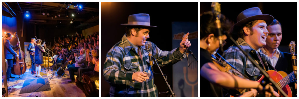 Left pic: Bill and the Belles on the Performance Theater stage in front of the live broadcast crowd; middle pic: Bailey George gesticulates to the audience as he tells his story of potted meat; right pic: Bailey George playing guitar with Bill and the Belles accompanying him in the background.