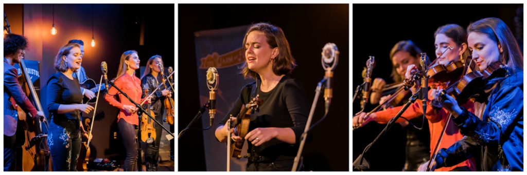 Left pic: The Quebe Sisters singing together on the Farm and Fun Time stage; middle pic: Hulda Quebe holds her fiddle while singing; right pic: All three Quebe Sisters fiddling together.