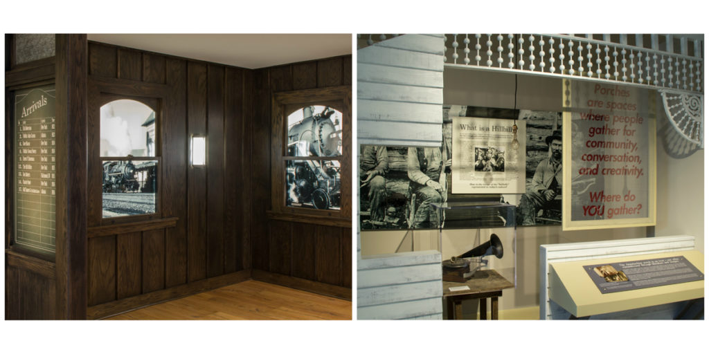 Left: Train station waiting area with wooden paneling and floors, "windows" with a view out to the trains, and the arrivals board listing several pre-1927 recording sessions. Right: Front porch area with white clapboard, a phonograph, and signage related to the hillbilly term and gathering spaces.