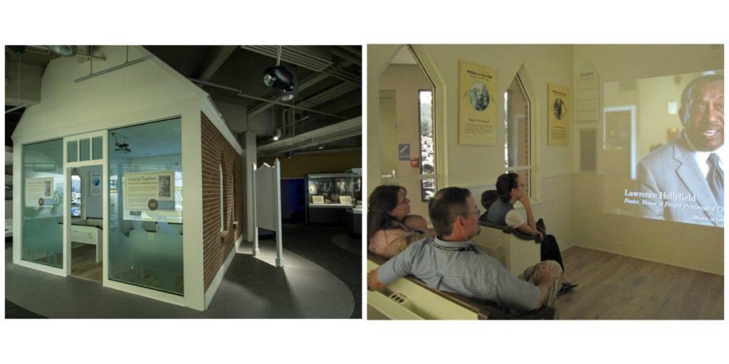 Left: A view of the chapel exhibit from outside of it. Right: A view of the chapel exhibit from the inside with several patrons seated in the pews watching the film.
