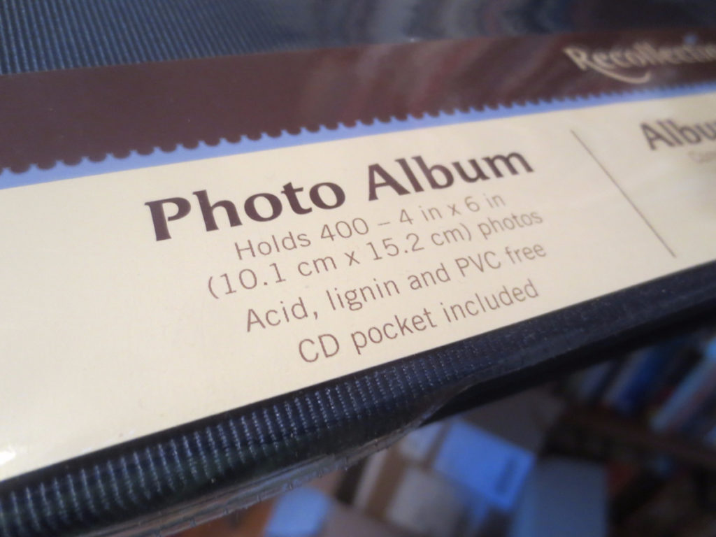 A photo album label noting that it is acid, lignin and PVC free