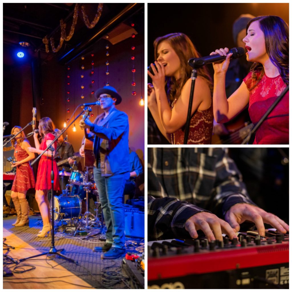 Three pics: (left) The Church Sisters, both in red, and full band on stage; (top right) A close up of The Church Sisters singing together; (bottom right) A close up on the keyboard player's hands.