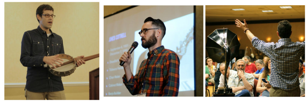 Three pics: Man holding a banjo while discussing it in a presentation (left); man holding a mic in front of a PowerPoint presentation (center); man facing a large audience with his arms held wide and a Edison recording machine with morning glory horn to his left (right).
