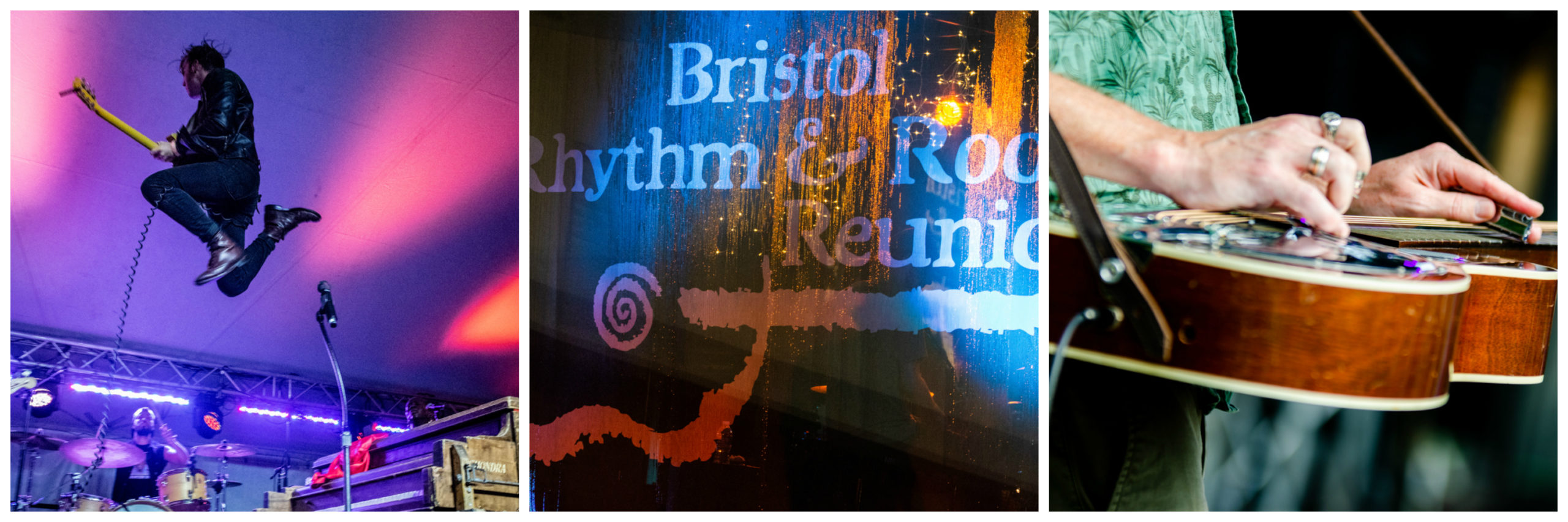 Left pic: Band member jumping in the air beside a piano on stage; center: a detail of some of the atmosphere decorations on display at the festival; right: a close-up showing a band member playing his guitar.