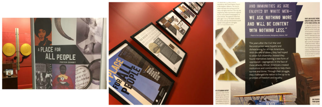 Three shots showing different parts of A Place for All People, a poster exhibit from the Smithsonian.