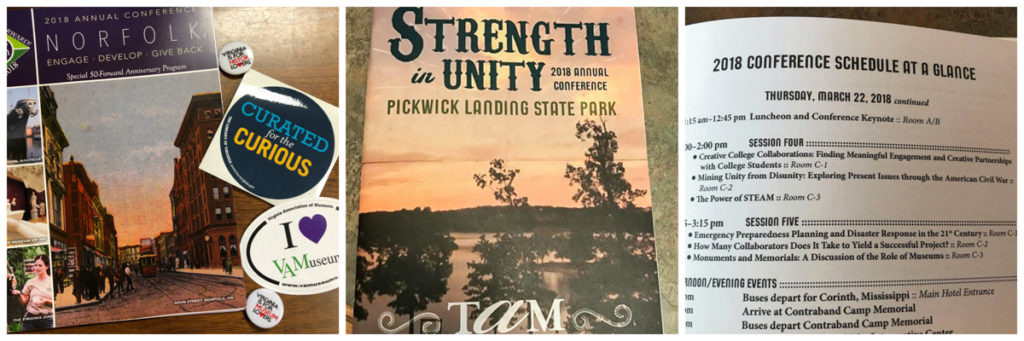 3 images: VAM conference brochure and swag; cover of TAM conference brochure; inside of TAM conference brochure showing various sessions offered
