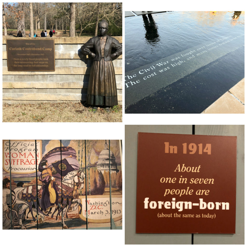 4 images: Corinth Contraband Camp entrance with sculpture of woman with hands on hips and sign; Corinth battlefield interpretative center courtyard fountain/sculpture; women's suffrage advertisement for protest in 1913; museum sign about the level of immigration in 1914 (1 in 7, about the same as today).