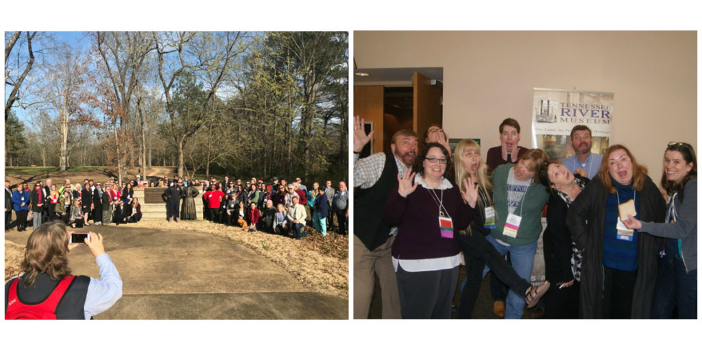 2 images: The TAM 2018 attendees at the entrance to the Corinth Contraband Camp site; the TAM board members striking funny poses